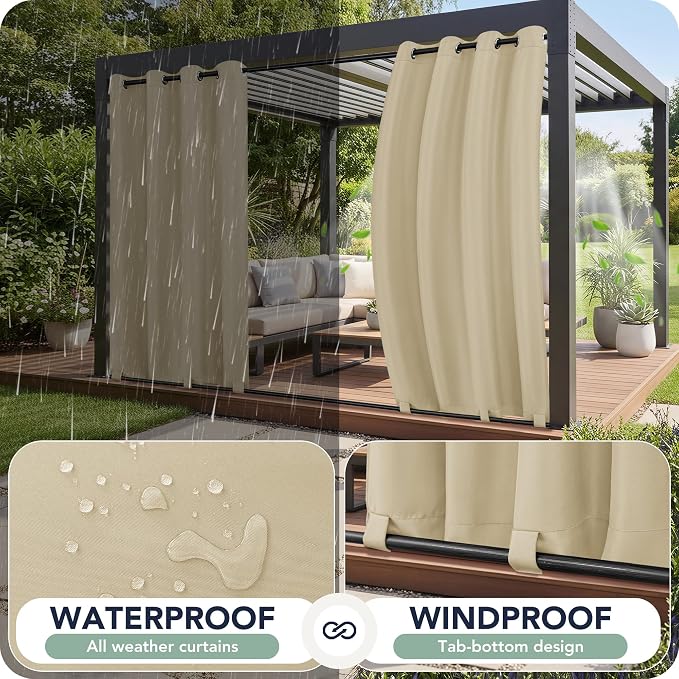 Outdoor Curtains for Patio Waterproof 6 Panels, Porch Sun Shade | Weatherproof - Image 2