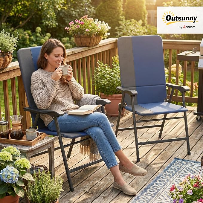Outsunny Folding Patio Chairs Set of 2 Padded High Back Armrests Dark Blue | - Image 2