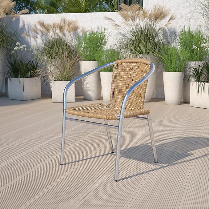 EMMA + OLIVER Aluminum and Beige Rattan Indoor-Outdoor Stack Chair | Outdoor by EMMAOLIVER