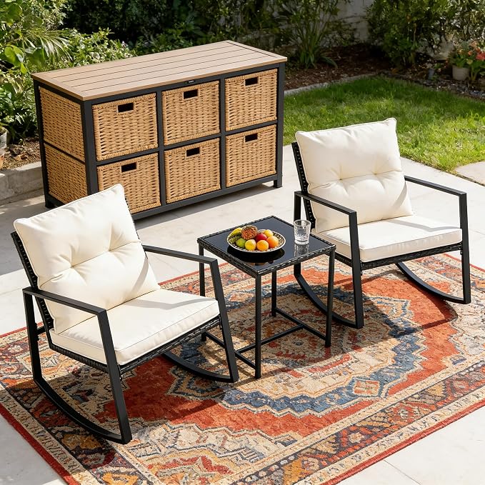 SUNCROWN 3 Piece Outdoor Rocking Bistro Set Black Wicker Furniture Porch Chairs - Image 4