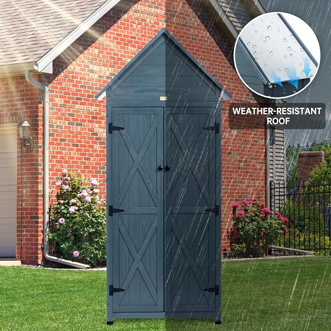 Outdoor Storage Shed with Floor & Adjustable Shelves, Wooden Garden Tool - Image 4