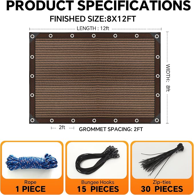 90% Sun Shade Cloth with Grommets, Breathable HDPE Mesh Tarp - Image 3