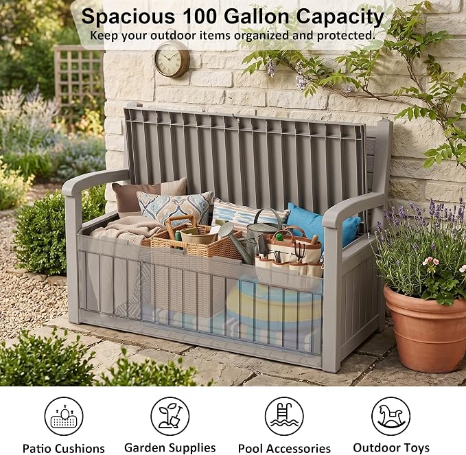 100 Gallon Outdoor Storage Bench, Waterproof Resin Deck Box - Image 5