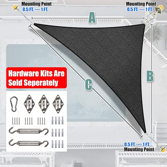 Amgo Custom Size 10' x 19' x 21.5' Black Right Triangle Sun Shade Sail UPF50+ - Image 6