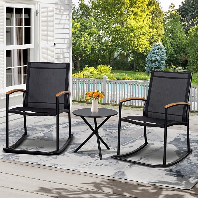 Shintenchi 3 Piece Outdoor Rocking Bistro Set, Textilene Fabric Small Patio - Image 2