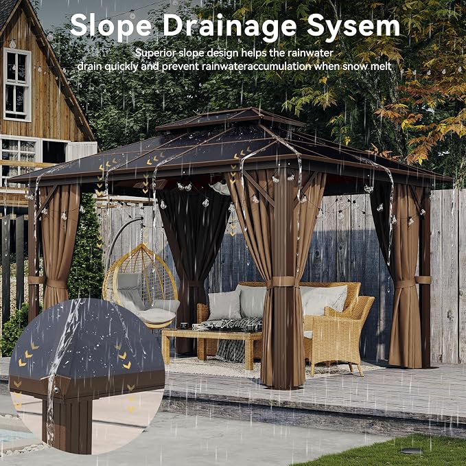 Aoxun 12'x10' Gazebo with Polycarbonate Double Roof, Light Brown | Metal Frame - Image 3