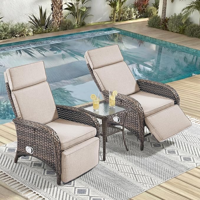 3 Pieces Zero Gravity Wicker Patio Recliner Chairs Set of 2 by JelwalyPatioFurnitureSet