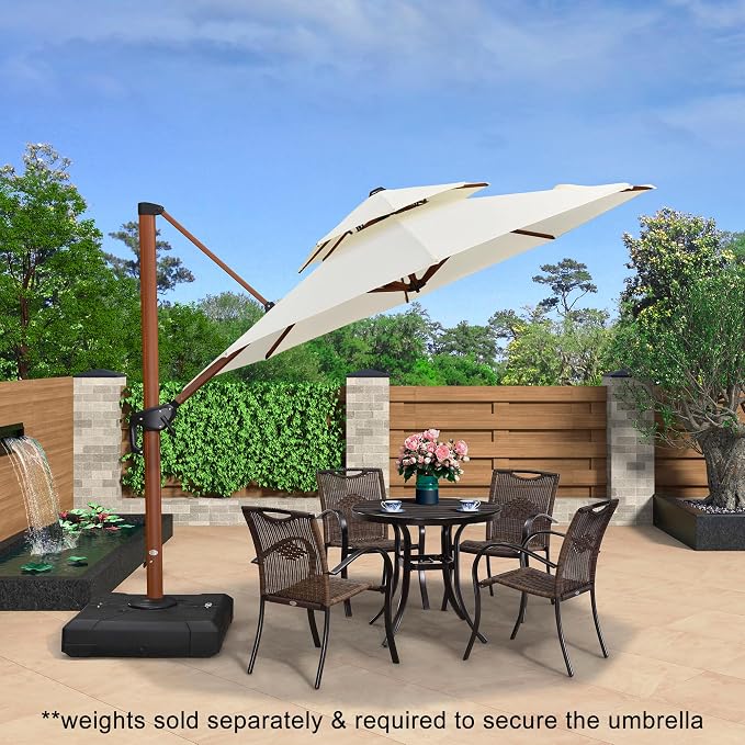 PURPLE LEAF Patio Cantilever Umbrella 10ft Wood-Grain Finish, Cream | Foot - Image 2