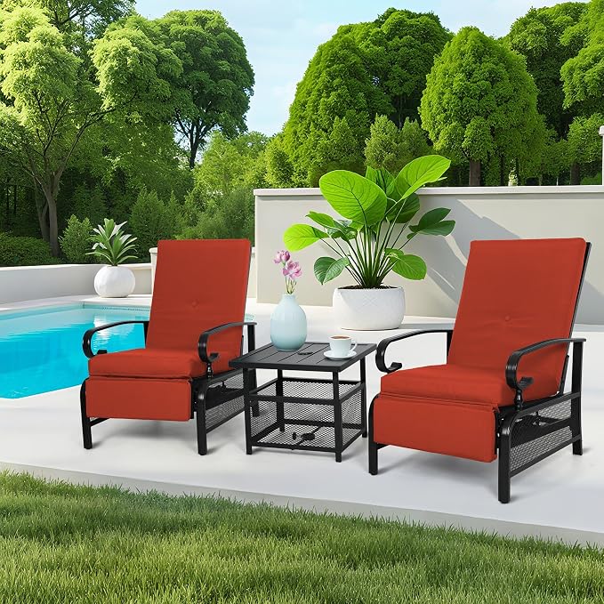 Incbruce 3 Pieces Outdoor Lounge Recliner Set, 2 Adjustable Metal Recliner Sofa - Image 2
