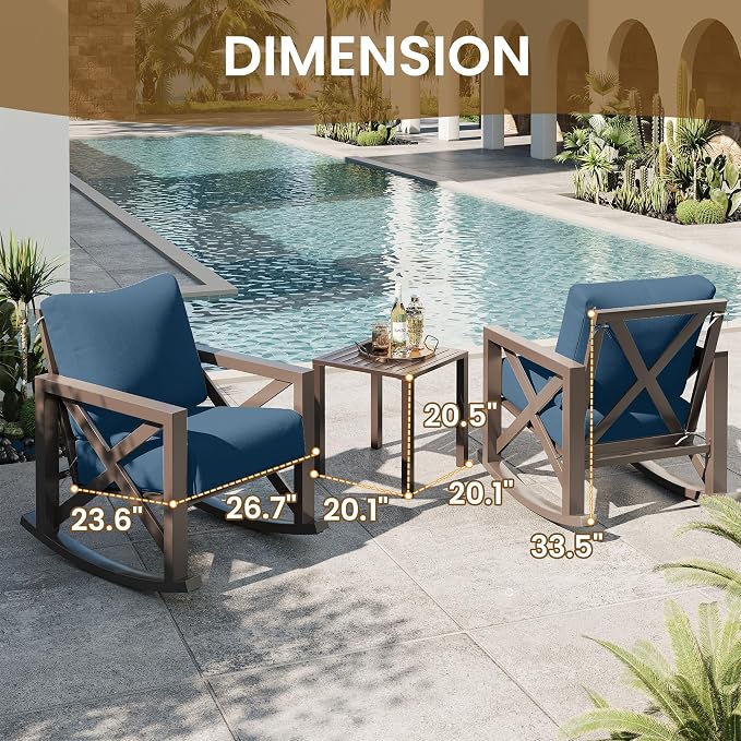UDPATIO Rocking Chair Outdoor Oversized Metal Bistro Set 6.5" Cushion Navy | 3 - Image 3