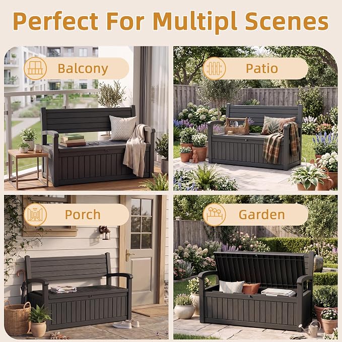 Garden Bench, Outdoor Storage Bench, Resin Patio Furniture Seating | - Image 4