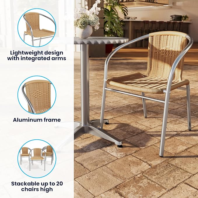 EMMA + OLIVER Aluminum and Beige Rattan Indoor-Outdoor Stack Chair | Outdoor - Image 4