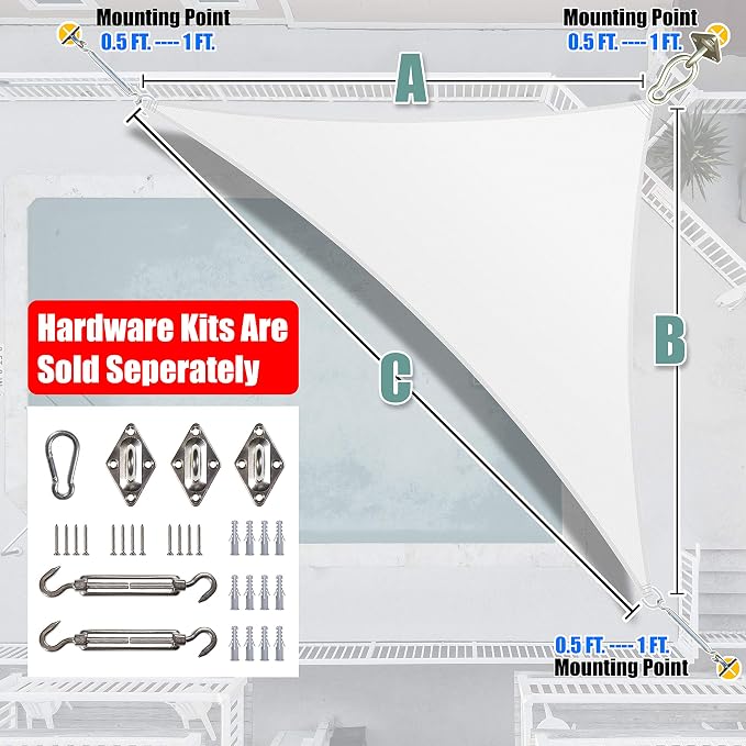 Amgo Custom Size 14' x 19' x 23.6' White Right Triangle Sun Shade Sail UPF50+ - Image 6
