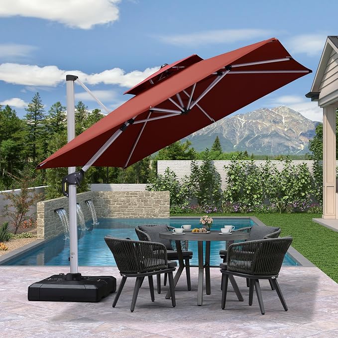 PURPLE LEAF Cantilever Outdoor Umbrella 9' x 9' Square Double Top Brick Red | - Image 2