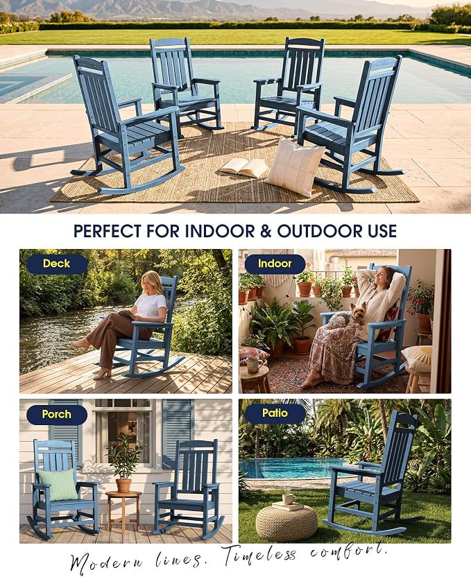 Oversized Outdoor Rocking Chairs Set of 4, HDPE Porch Rockers - Image 8
