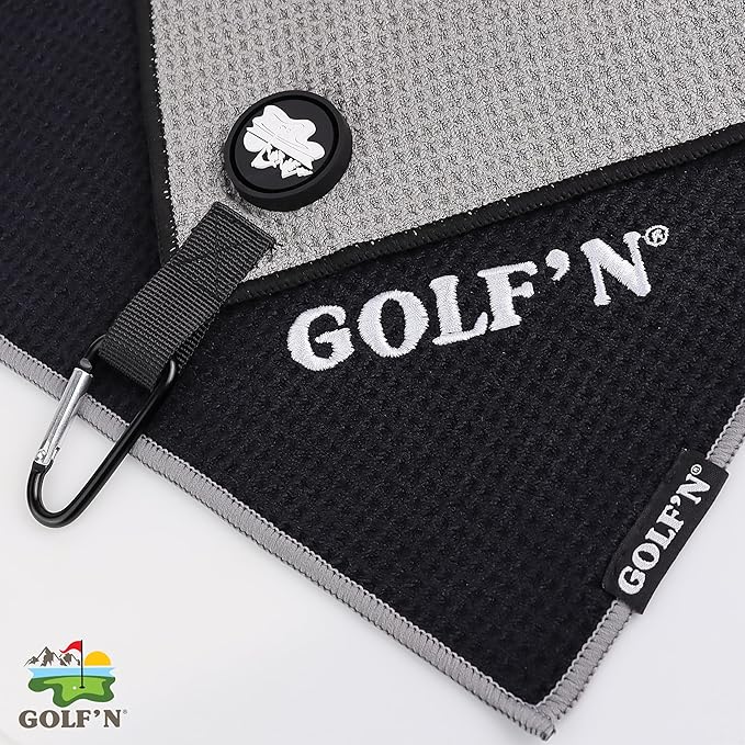 Golf'N Microfiber Towel - Magnetic Golf Towel Black 16" x 24" Golf Towels for Golf Bags with N52 Heavy Duty Magnets, Carabiner Clip & Cross Stitched Reinforced Loop, Premium Golf Accessories