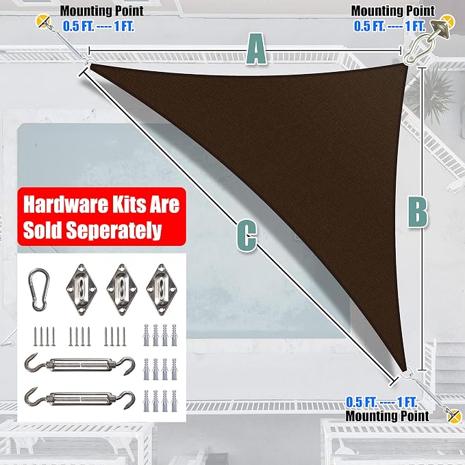 Amgo Custom Size 14' x 16' x 21.3' Brown Right Triangle Sun Shade Sail UPF50+ - Image 6