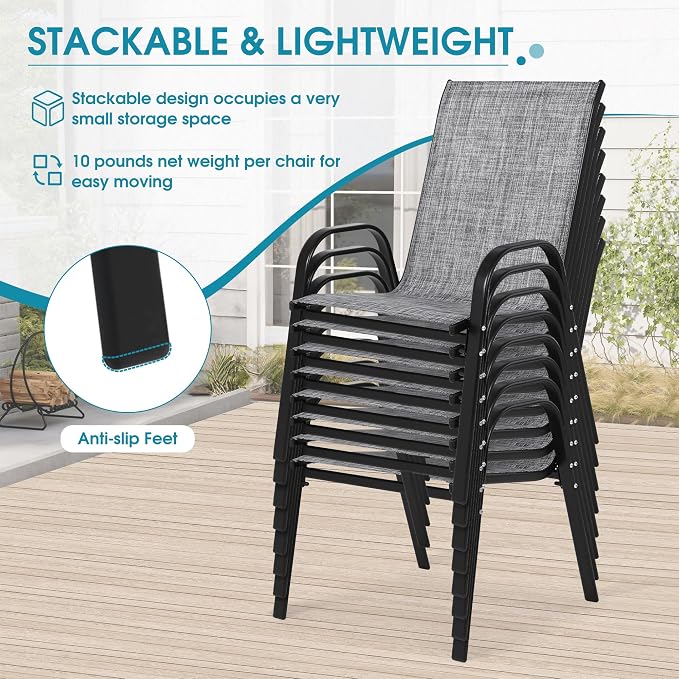 24.4" Wide Outdoor Stackable Chairs Set of 8 | Stacking Patio Chairs - Image 6