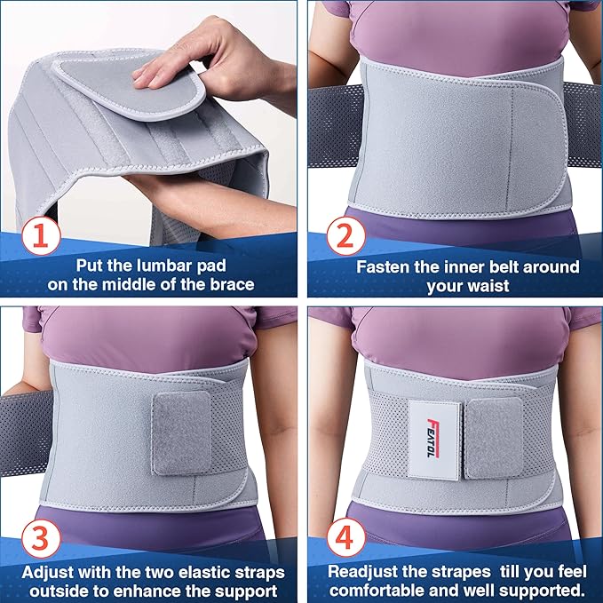 FEATOL Back Brace for Lower Back Pain Women, Breathable Back Support Belt for Women & Men with Lumbar Pad, Lumbar Support Belt for Heavy Lifting & Work, Scoliosis, Grey, 5XL (Circumference:68-74.8")