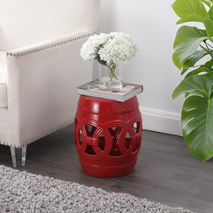JONATHAN Y Lucky Coins 16" Ceramic Garden Stool Side Table, Matte Red | - Image 2