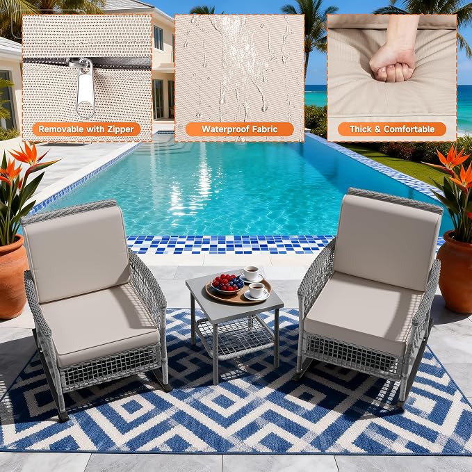 DECMICO 3 Piece Outdoor Rocking Chair Set, Wicker Bistro Furniture | Washable - Image 5