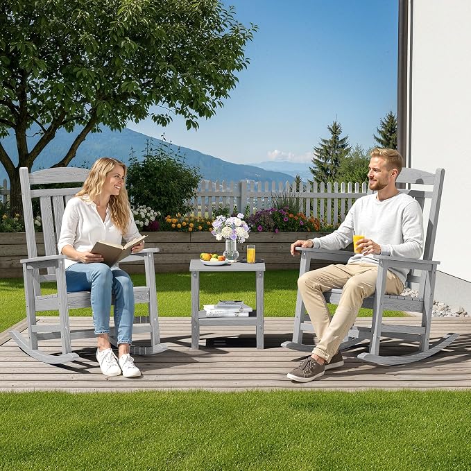 SERWALL Outdoor Rocking Chair Set of 4, Patio Rocking Chair, Light Gray | HDPE - Image 2