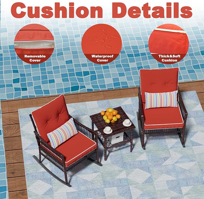 DECMICO 3-Piece Outdoor Rocking Chair Set, Wicker Bistro Furniture | Orange - Image 6