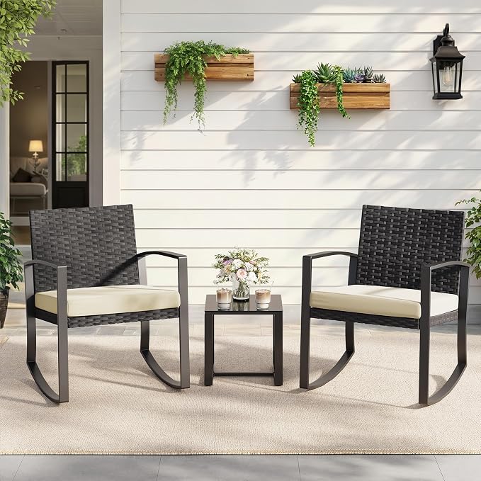 Qsun 3 Pieces Porch Furniture Set Patio Rocking Bistro Set Outdoor Patio Chairs - Image 6