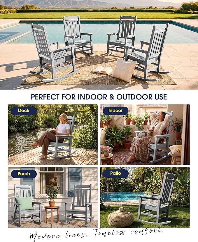 Oversized Outdoor Rocking Chair Set of 4, Porch Rockers, Light Gray | - Image 9