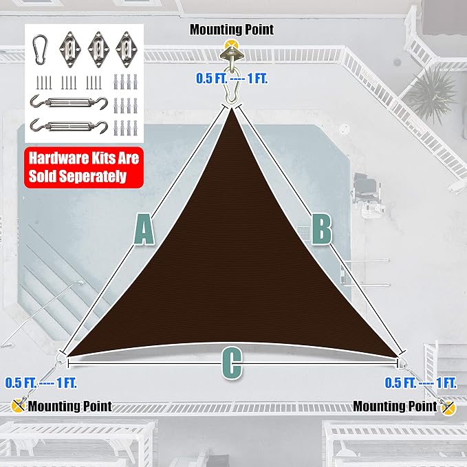 Amgo Custom Size 10' x 10' x 10' Brown Triangle Sun Shade Sail UPF50+ AGTAPT12 - Image 6