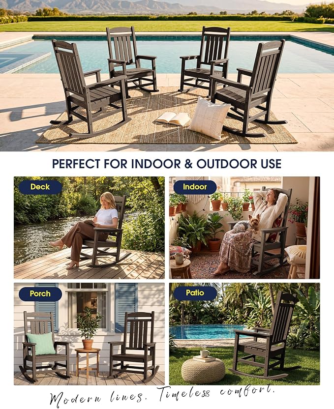 Oversized Outdoor Rocking Chair Set of 2, HDPE Porch Rocker, Coffee | - Image 9