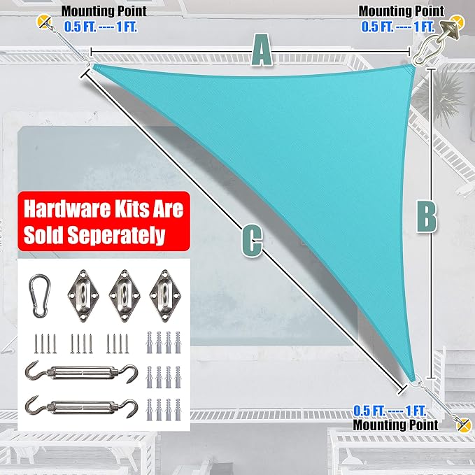 Amgo Custom Size 19' x 19' x 26.9' Turquoise Triangle Sun Shade Sail UPF50+ - Image 6