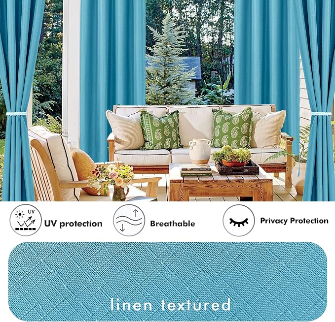 Linen Outdoor Curtains for Patio Waterproof 4 Pcs 110x95 In Teal | Light - Image 3
