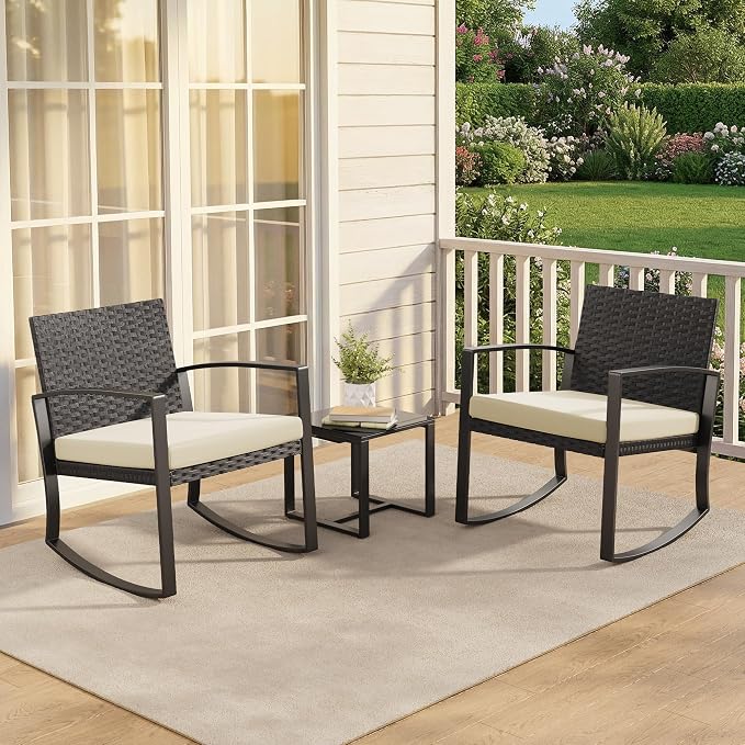 Qsun 3 Pieces Porch Furniture Set Patio Rocking Bistro Set Outdoor Patio Chairs - Image 9