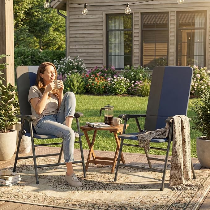 Outsunny Folding Patio Chairs Set of 2 Padded High Back Armrests Dark Blue | - Image 9