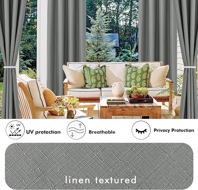 Linen Outdoor Curtains for Patio Waterproof 4 Pcs 110x84 In Light Grey | Light - Image 3