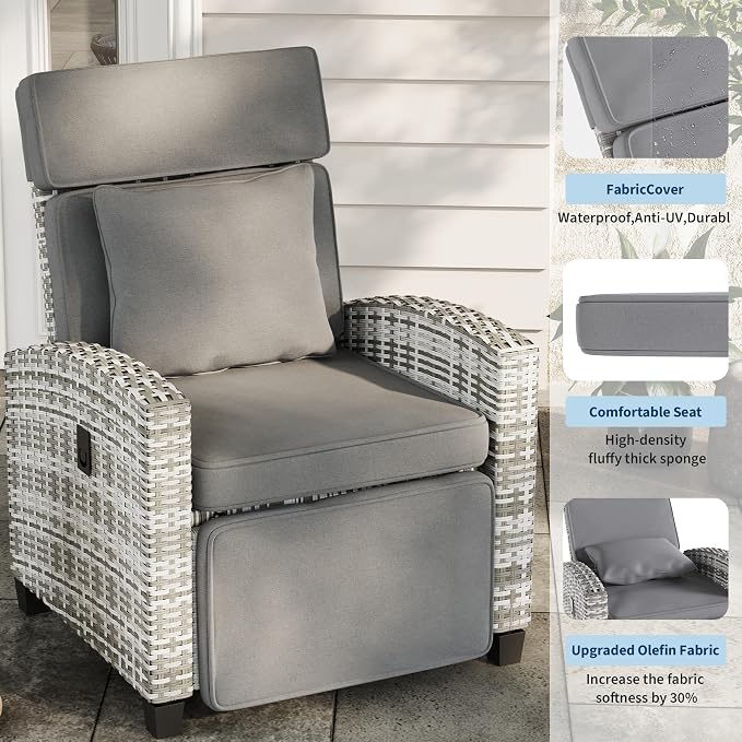 Garvee 2PCS Outdoor Wicker Recliner Chair, 145° Adjustable Backrest & Footrest - Image 4