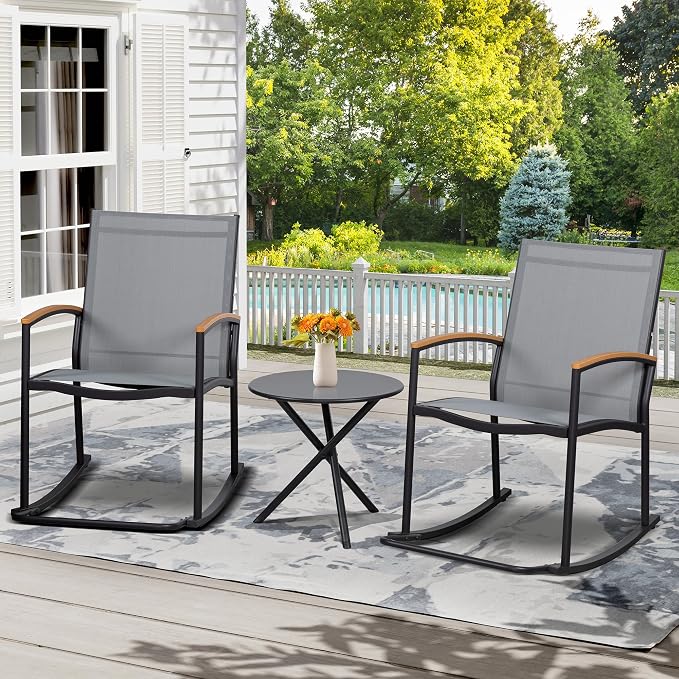 Shintenchi 3 Piece Outdoor Rocking Bistro Set, Textilene Fabric Small Patio - Image 2