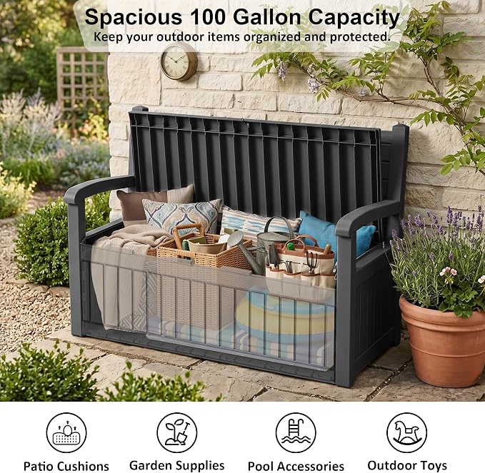 100 Gallon Outdoor Storage Bench, Waterproof Resin Deck Box - Image 5