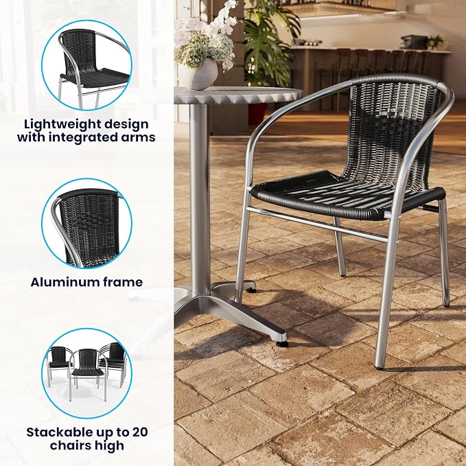 Emma + Oliver Aluminum and Black Rattan Indoor-Outdoor Stack Chair | Outdoor - Image 4