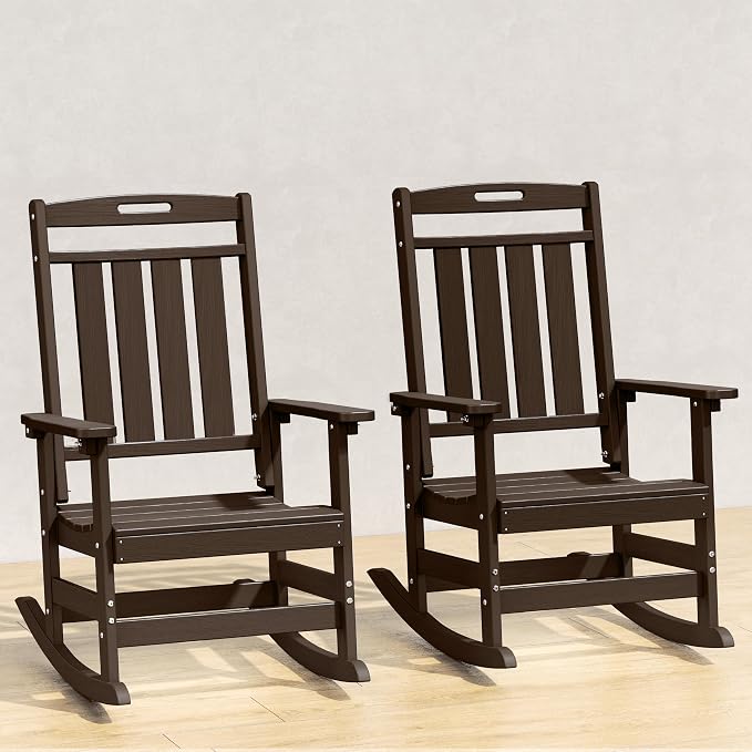 Oversized HDPE Outdoor Rocking Chair Set of 2, All-Weather, Coffee | Heavy Duty by Plawdlik