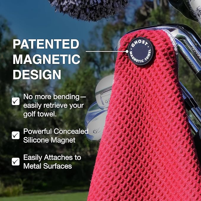 Ghost Golf Magnetic Towel (Greenside) - Premium Ultra-Absorbent Microfiber Golf Towel with Magnet for Golf Carts or Clubs - 18" x 18" Golfing Gear - Waffle Weave Pattern (Blue)