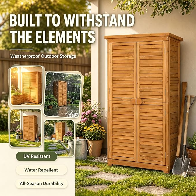 Outvita Outdoor Storage Cabinet, 63in Wooden Garden Tools Shed, Natural | 2 - Image 5
