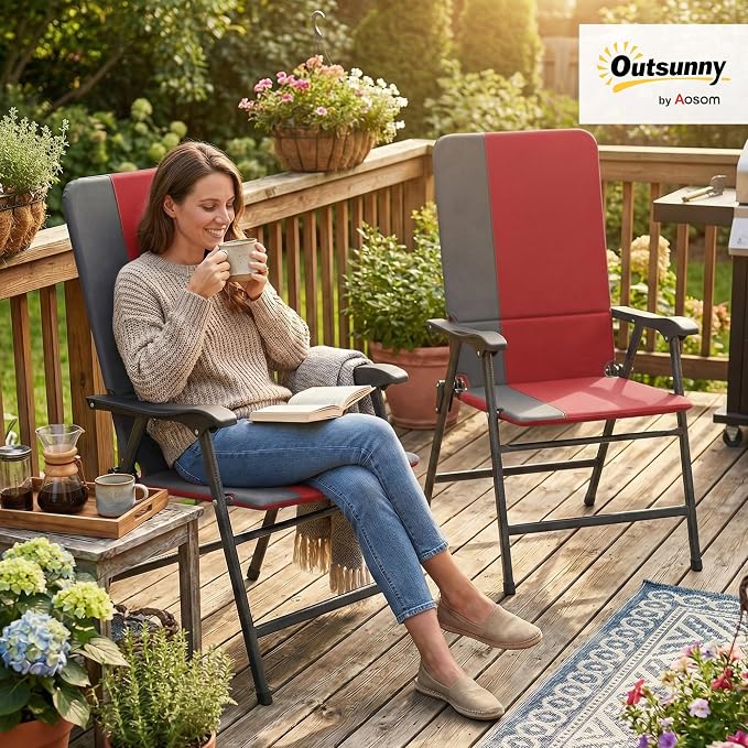 Outsunny Folding Patio Chairs Set of 2 Padded High Back Armrests Red | Folding - Image 2