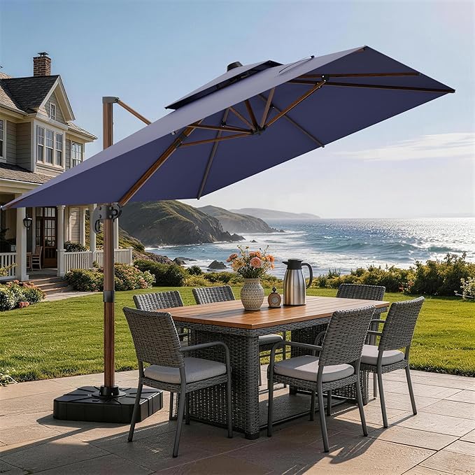 10x13FT Cantilever Outdoor Patio Umbrellas, Double Top Wood Pattern Rectangle by ORYNTREX