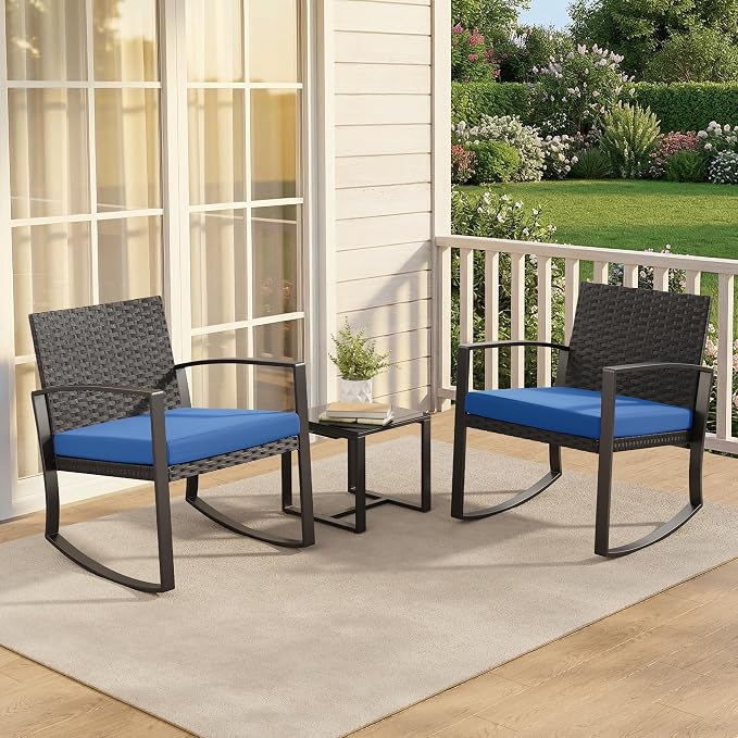 Qsun 3 Piece Patio Bistro Set Patio Furniture Set Outdoor Wicker Rocking - Image 6