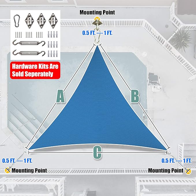Amgo Custom Size 17' x 17' x 17' Blue Triangle Sun Shade Sail UPF50+ AGTAPT10 - Image 6