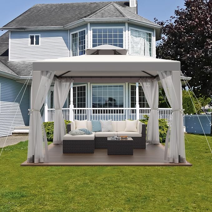 10’x10’ Patio Gazebo Canopy Tent w/Removable Netting, Ventilated Double-tier Top - Image 2