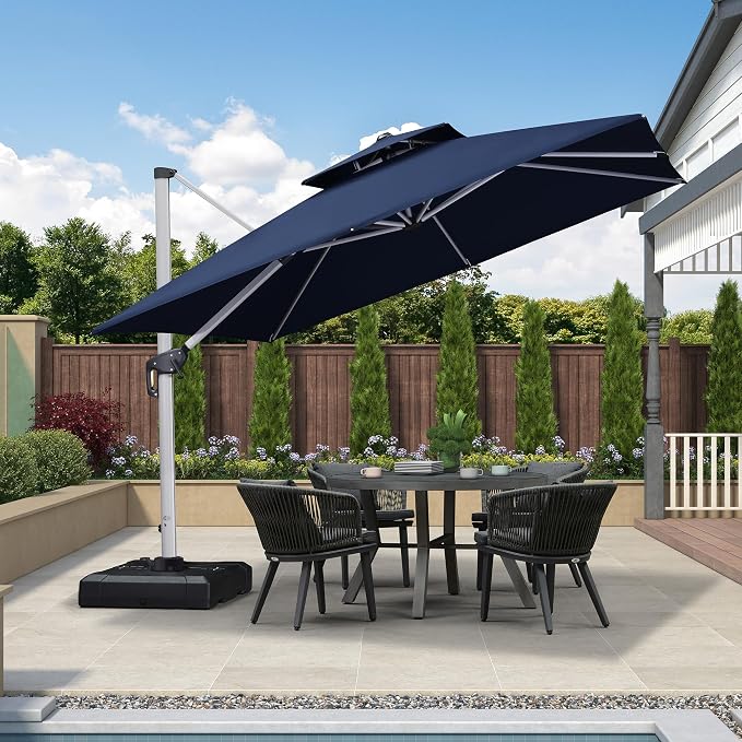 PURPLE LEAF Cantilever Patio Umbrellas 10'x 10' Square Double Top Navy Blue | - Image 3