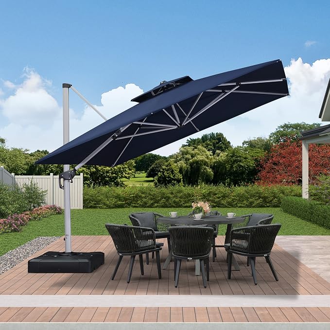 PURPLE LEAF Cantilever Outdoor Umbrella 11'x 11' Large Double Top Navy Blue | - Image 3